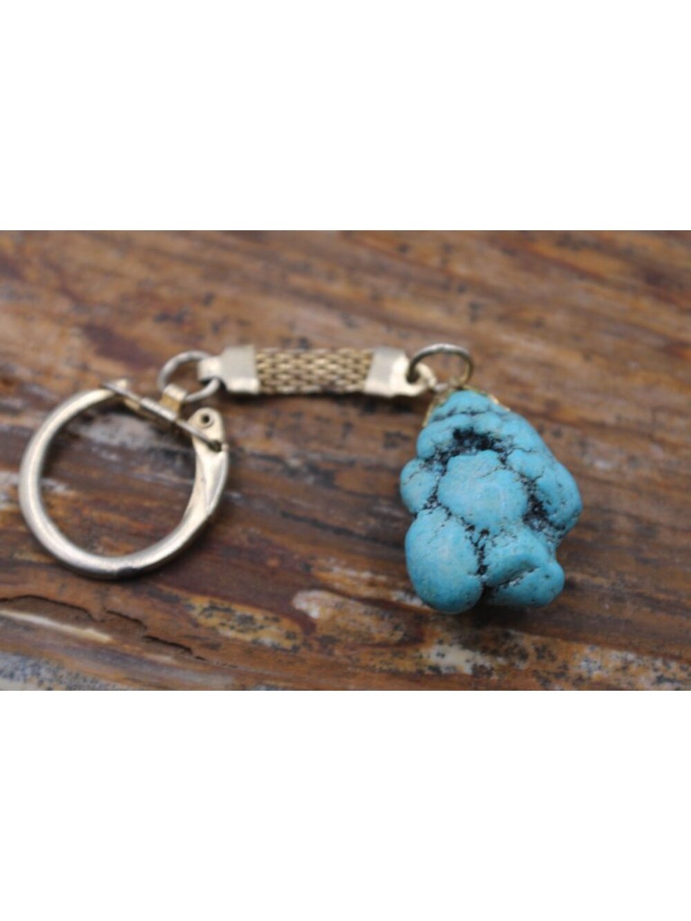 Turquoise Nugget Keychain With Gold-Tone Ring & Mesh Chain Unique Handmade Gift